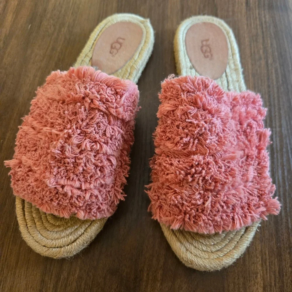 UGG Poppy Pink Fringe Espadrille Slide Sandals 1090849 Womens 6